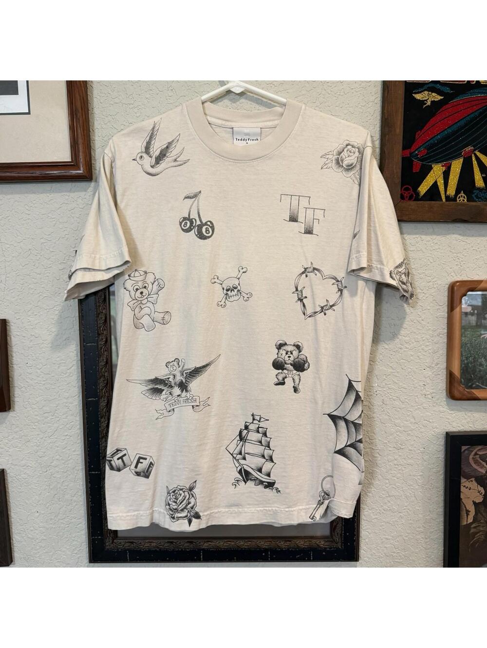 Teddy Fresh AOP Old School Style Ship Rose Bear Tattoo Flash Shirt Size Small